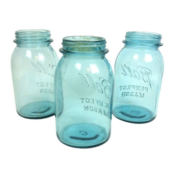 Ball Perfect Mason Jars Lot Of 3 Aqua Blue G #1 #11 Canning Crafts NO LIDS - Picture 2 of 8